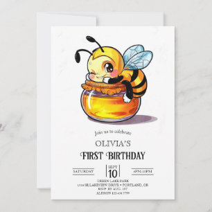 Honeycomb Unique Digital Bee 1st Birthday Invitation