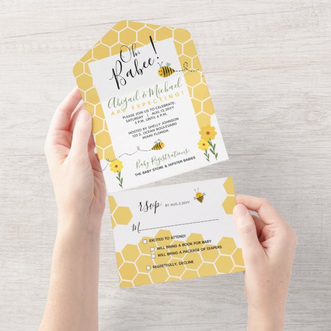 Honeycomb Watercolor Bumble Bee Baby Shower All In One Invitation (Tearaway)