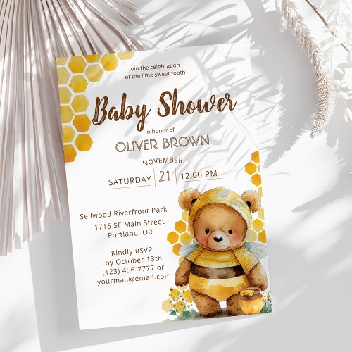 Honeycombs and brown honey teddy bear Baby Shower  Invitation