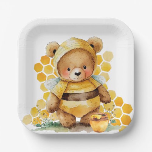 Honeycombs and brown honey teddy bear Baby Shower Paper Plates