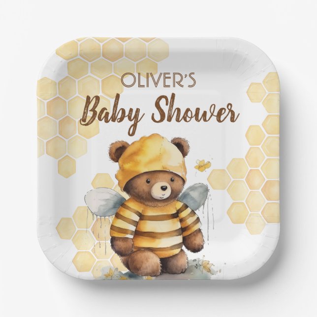 Honeycombs and brown honey teddy bear Baby Shower Paper Plates (Front)