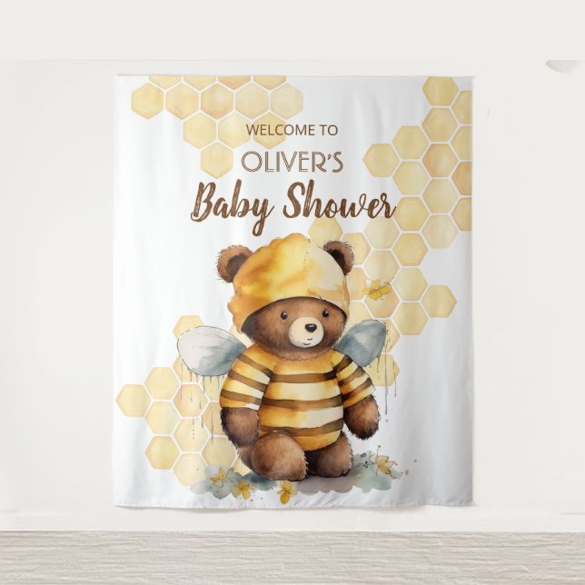 Honeycombs and brown honey teddy bear Baby Shower Tapestry (Front)