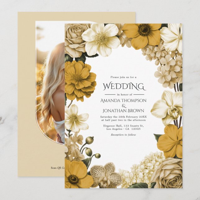 Honeydew Cream, Warm Oat & Dijon Bloom Wedding Invitation (Front/Back)