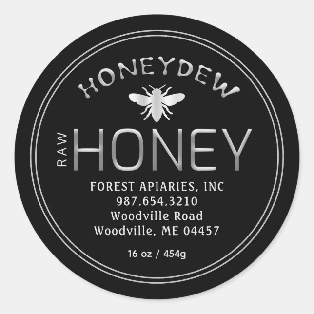 HONEYDEW FOREST HONEY Silver on Black with Bee  Classic Round Sticker (Front)