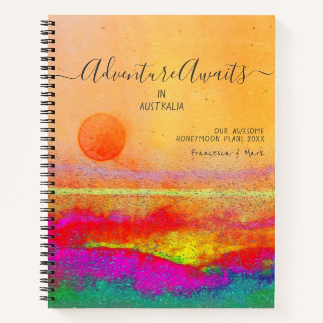 Honeymoon Adventure Awaits Orange Pink Sun Couple Notebook (Front)