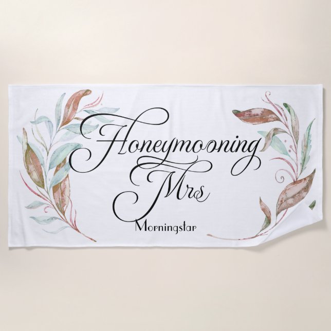 Honeymoon Beach - Watercolor Eucalyptus Beach Towel (Front)