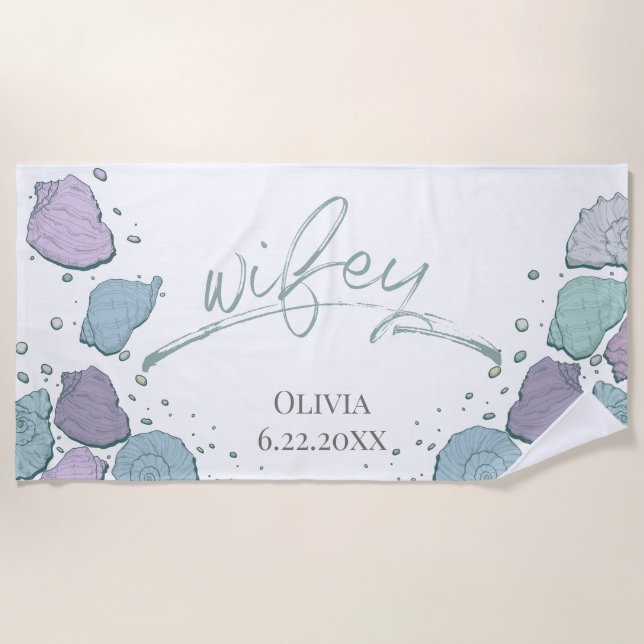 Honeymoon Beach WIFEY Teal Lilac Modern Seashells Beach Towel (Front)