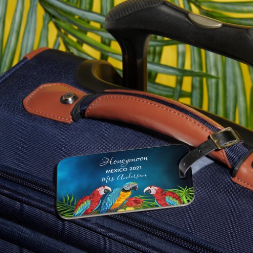 Honeymoon blue parrots palm tree foliage luggage tag