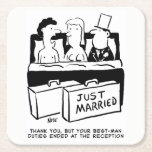Honeymoon Couple and Best Man in Bed Square Paper Coaster<br><div class="desc">Funny Wedding Cartoon of Best Man in bed with the Bride and the Bridegroom. Best man gift.</div>