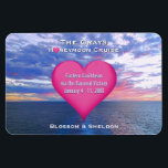 Honeymoon Cruise Heart Stateroom Door Ocean Sunset Magnet<br><div class="desc">This sweet honeymoon cruise cabin door marker magnet is completely personalized with the bride and groom's last name, ship itinerary details, including the cruise ship name and sailing dates imprinted on a cute, pink heart. Personalized names at bottom. Against a romantic, nautical photo of a colorful ocean sunset with purple,...</div>
