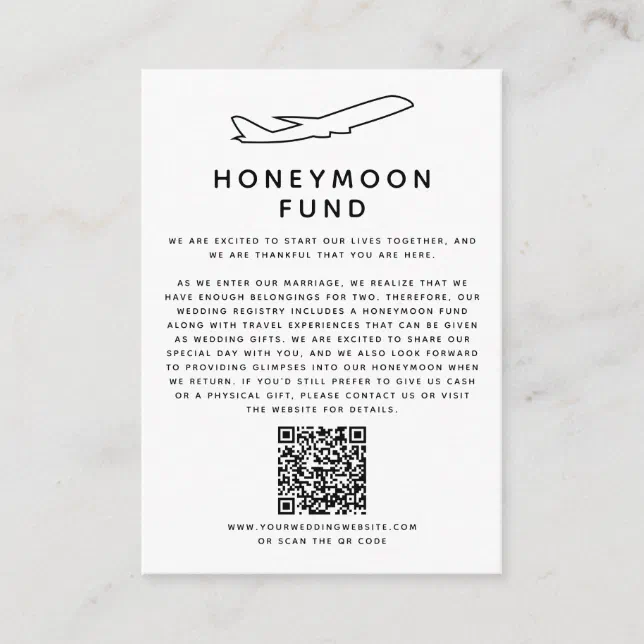 Honeymoon Fund Digital Wedding Registry QR Code Enclosure Card | Zazzle