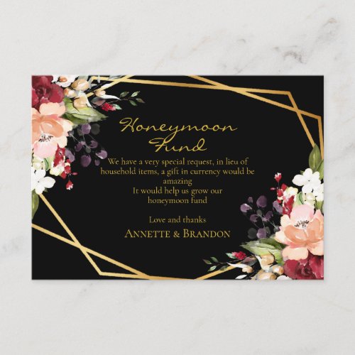 Honeymoon Fund Elegant Black Gold Geometric Floral Enclosure Card