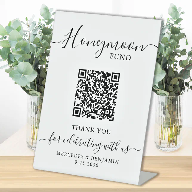 Honeymoon Fund Elegant Calligraphy QR Code Wedding Pedestal Sign | Zazzle