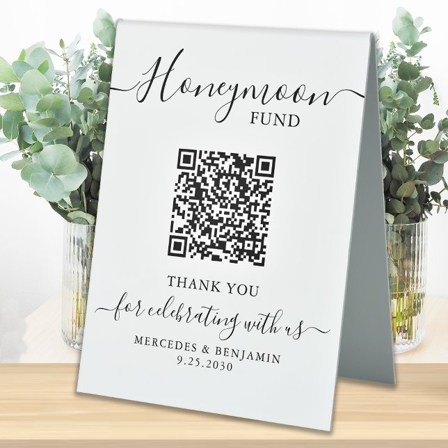 Honeymoon Fund Elegant Calligraphy QR Code Wedding Table Tent (Creator Uploaded)