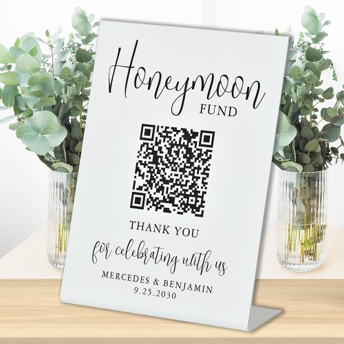 Honeymoon Fund Elegant Script QR Code Wedding Pedestal Sign