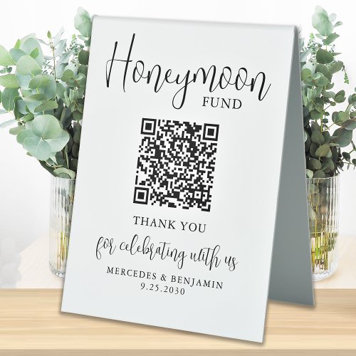 Honeymoon Fund Elegant Script QR Code Wedding  Table Tent Sign