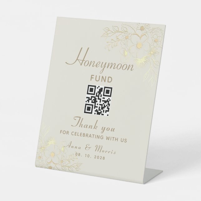 Honeymoon Fund Gold Wedding QR code Pedestal Sign (Front)