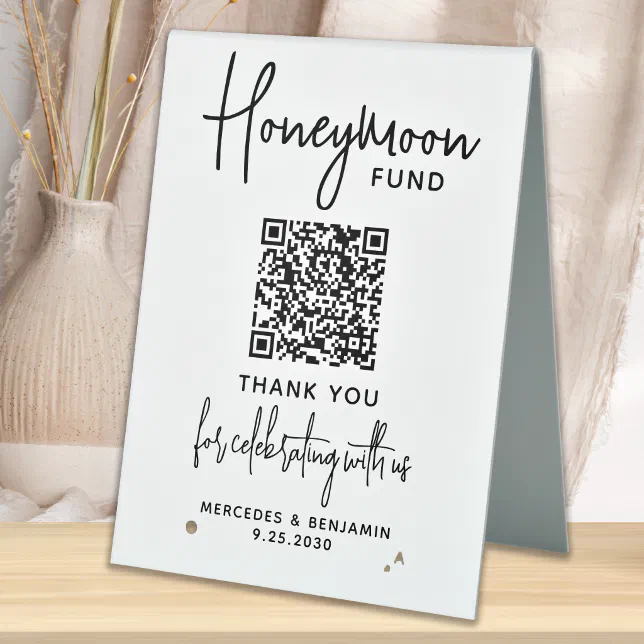 Honeymoon Fund Modern Calligraphy QR Code Wedding Table Tent Sign | Zazzle