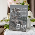 Honeymoon fund modern cash qr code photo pedestal sign<br><div class="desc">This alternative wedding registry Honeymoon Fund sign features the caption "Take us to the mountains" in modern white fonts over one of your favorite engagement pictures. Easily add up to 2 QR Codes to invite your guests to make a contribution to your dream vacation by sending cash donations to your...</div>