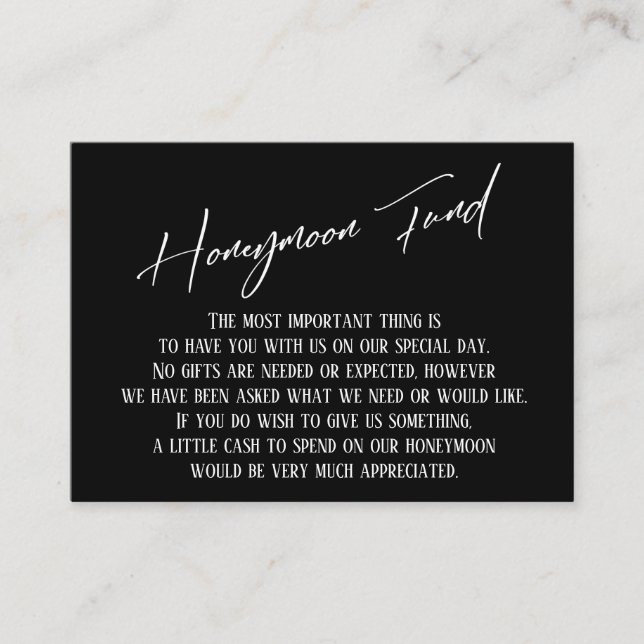 Honeymoon Fund Modern Handwriting Black & White Enclosure Card (Front)