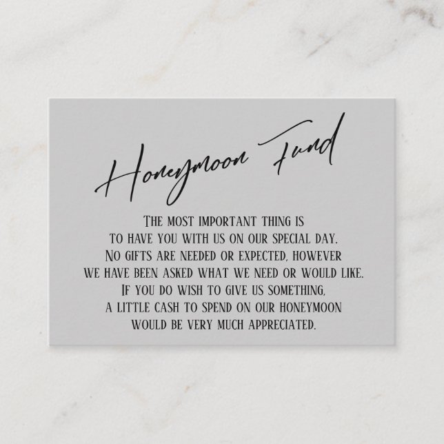 Honeymoon Fund Modern Handwriting Light Gray Enclosure Card (Front)
