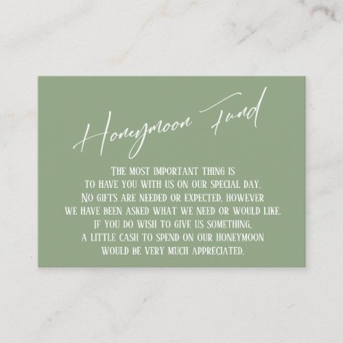 Honeymoon Fund Modern Handwriting Sage Green Enclosure Card