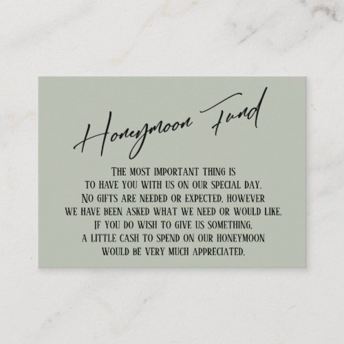 Honeymoon Fund Modern Handwriting Sage Green Enclosure Card
