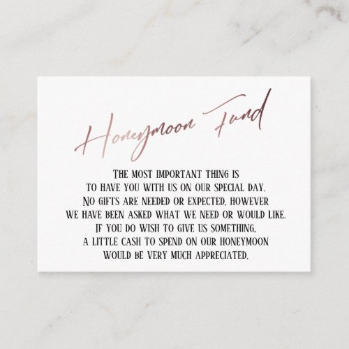 Honeymoon Fund Modern Rose Gold Handwriting Enclosure Card