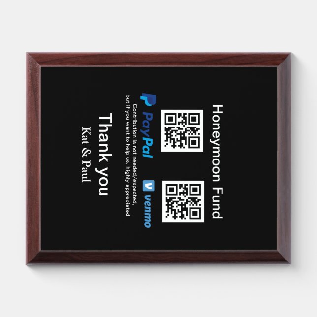 Honeymoon Fund PayPal Venmo QR code thank you Award Plaque (Horizontal)