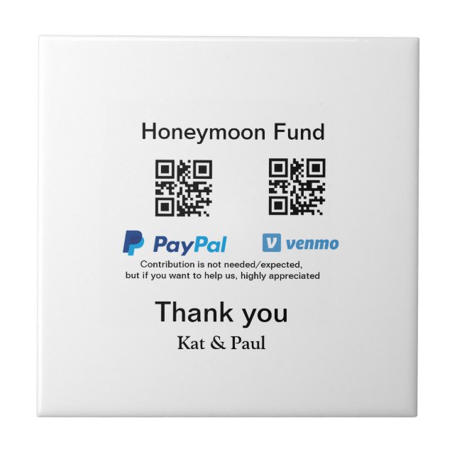 Honeymoon Fund PayPal Venmo QR code thank you Ceramic Tile (Front)
