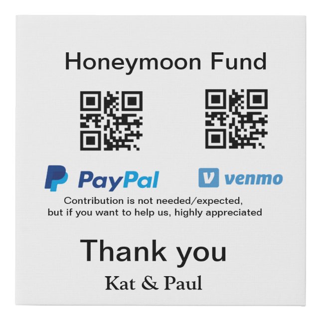 Honeymoon Fund PayPal Venmo QR code thank you Faux Canvas Print (Front)