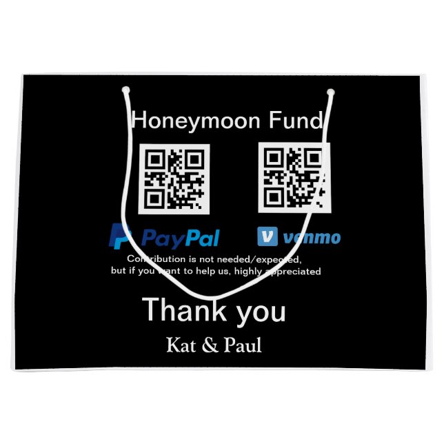 Honeymoon Fund PayPal Venmo QR code thank you Large Gift Bag (Front)