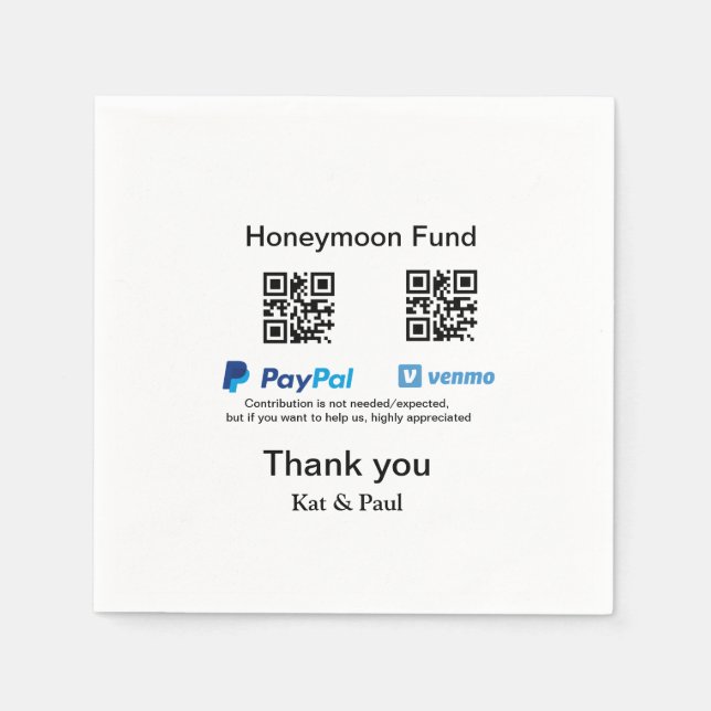 Honeymoon Fund PayPal Venmo QR code thank you Napkins (Front)