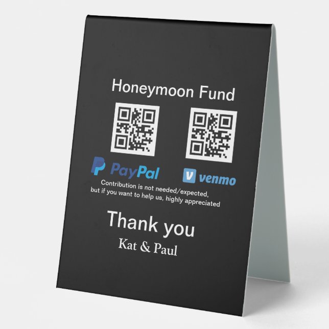 Honeymoon Fund PayPal Venmo QR code thank you Table Tent (Front)