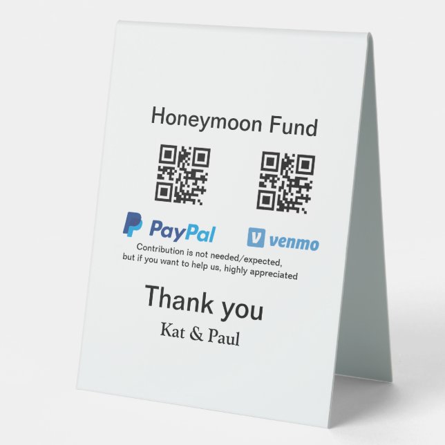 Honeymoon Fund PayPal Venmo QR code thank you Table Tent (Front)