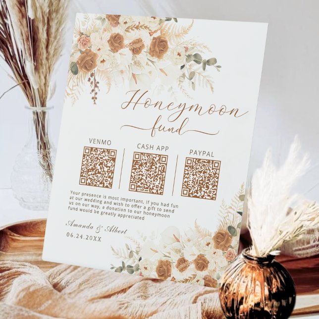 Honeymoon Fund QR Cash App, Venmo PayPal Donations Pedestal Sign (Elegant floral wedding décor with digital convenience!)