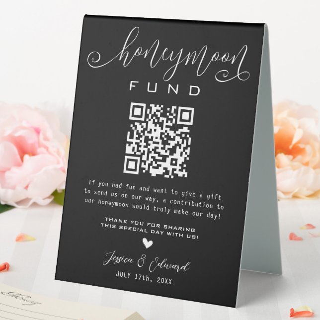 Honeymoon Fund Qr Code Black Chic Modern Minimal Table Tent (In SItu (Wedding))