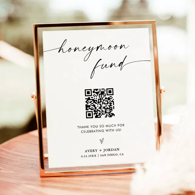 Honeymoon Fund QR Code Sign, Minimalist Wedding Poster | Zazzle