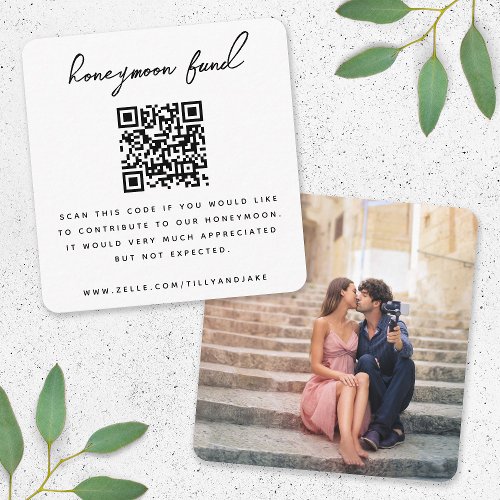 Honeymoon Fund QR Code Wedding Photo Minimal White Enclosure Card