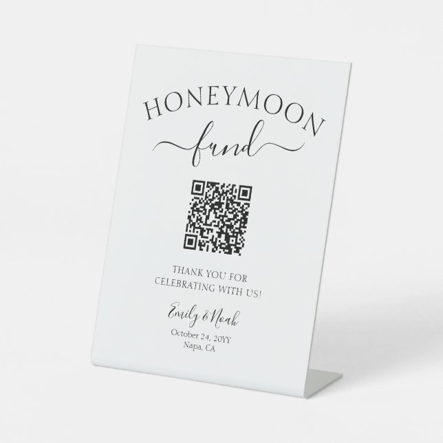 Honeymoon Fund QR Minimalist Wedding Pedestal Sign (Front)