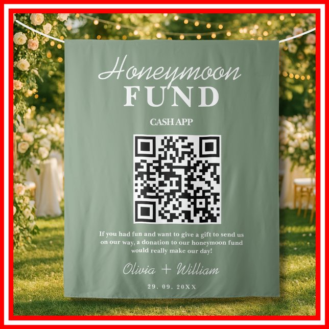 Honeymoon Fund QR Sage Green Wedding Backdrop (Creator Uploaded)