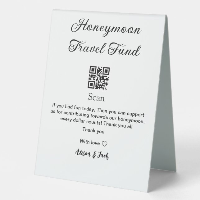 Honeymoon fund scan QR codeadd name  Table Tent (Front)