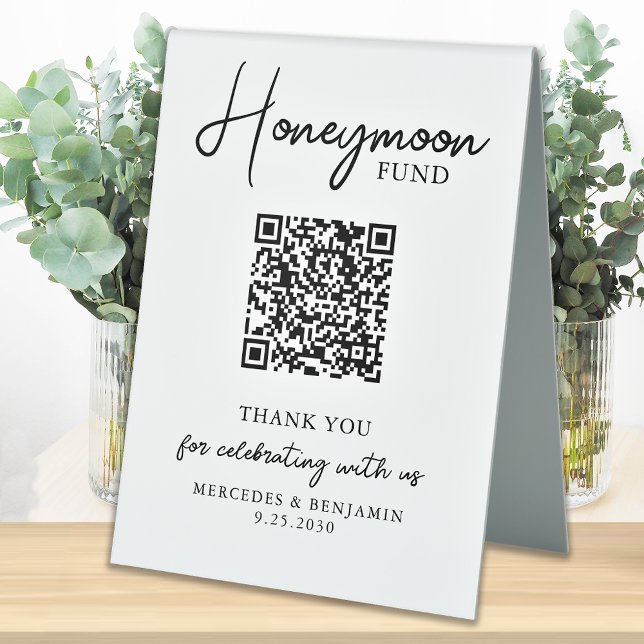 Honeymoon Fund Simple Handwritten QR Code Wedding  Table Tent (Creator Uploaded)