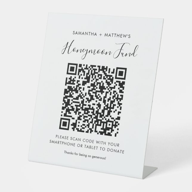 Honeymoon Fund Simple QR Code Newlyweds Pedestal Sign (Front)