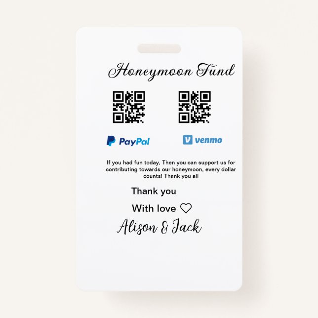 Honeymoon fund venomo paypal donation Q R couple Badge (Front)