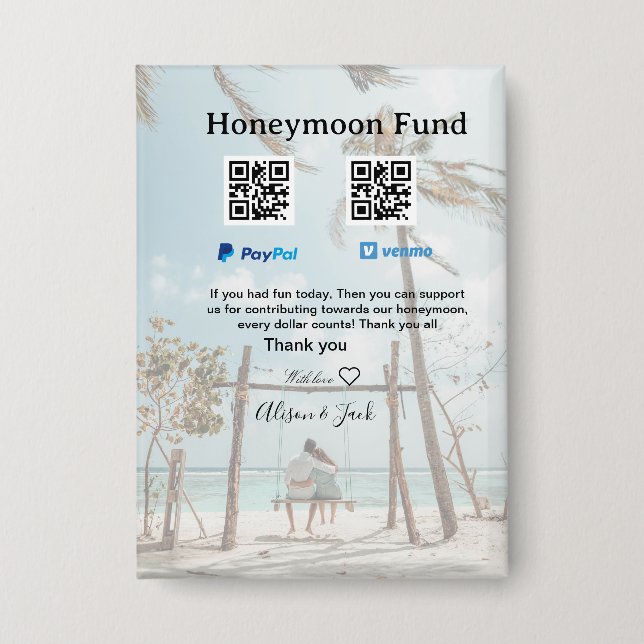 Honeymoon fund venomo paypal donation Q R couple Button (Front)