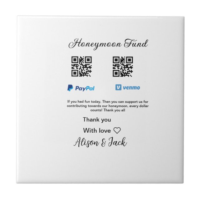 Honeymoon fund venomo paypal donation Q R couple Ceramic Tile (Front)