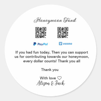 Honeymoon fund venomo paypal donation Q R couple Classic Round Sticker