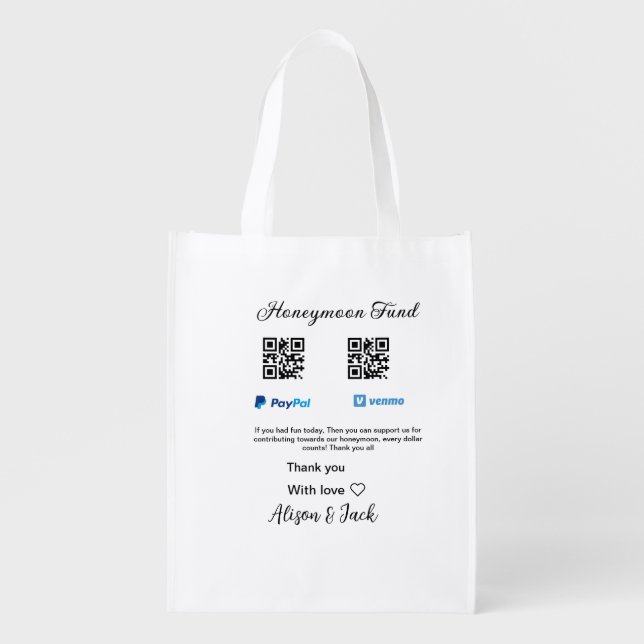 Honeymoon fund venomo paypal donation Q R couple Grocery Bag (Front)