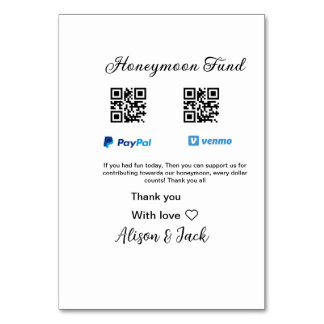 Honeymoon fund venomo paypal donation Q R couple Table Number